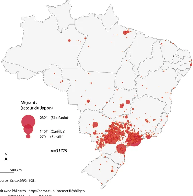 Figure 3. Population née au Brésil qui a déclaré une résidence antérieure au Japon entre 1990  et 2000 selon le « município » de résidence au Brésil en 2000