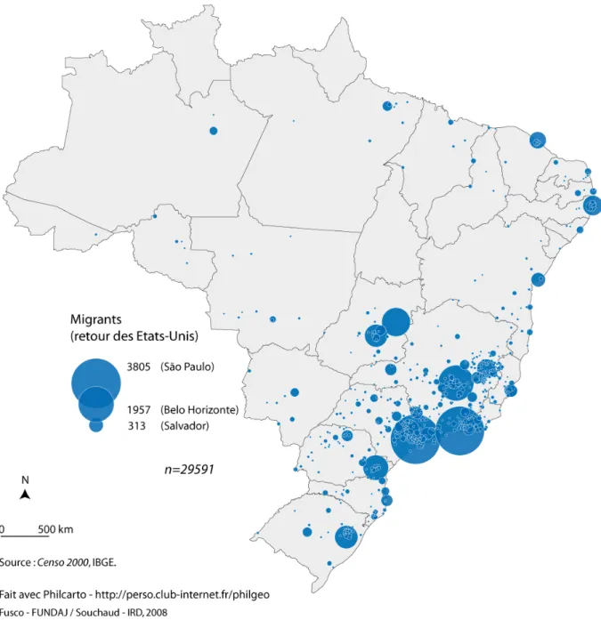 Figure 4. Population née au Brésil qui a déclaré une résidence antérieure aux Etats-Unis entre  1990 et 2000 selon le « município » de résidence au Brésil en 2000