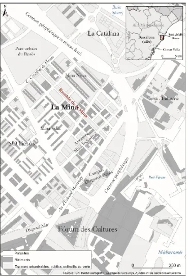 Figure 1 : Carte de localisation de la Mina et développement actuel de l’espace bâti. 