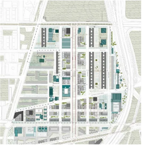 Figure 2: Plan de transformation de la Mina incluant la conception de la rénovation urbaine complète de l’axe central de la Rambla,  l’incorporation des équipements publics et le développement d’un quartier mixte dans la partie sud-est du quartier (en bas 