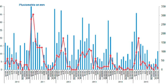 Figure 2 : Évolution du nombre de cas de leptospirose en fonction de la  pluviométrie mensuelle de 2010 à 2015 – D.A.S.S Nouvelle-Calédonie 
