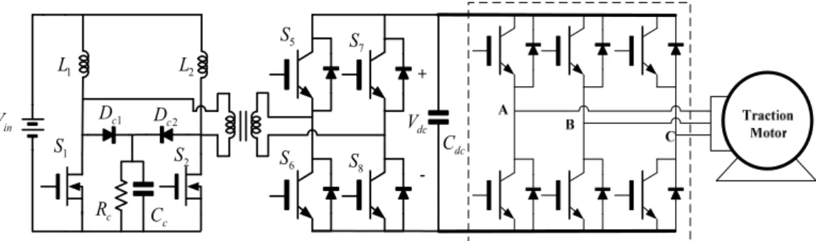 Figure 7. Bidirectional DC–DC converter with a current doubler for LV side and full–bridge volt- volt-age source converter for HV side [7]