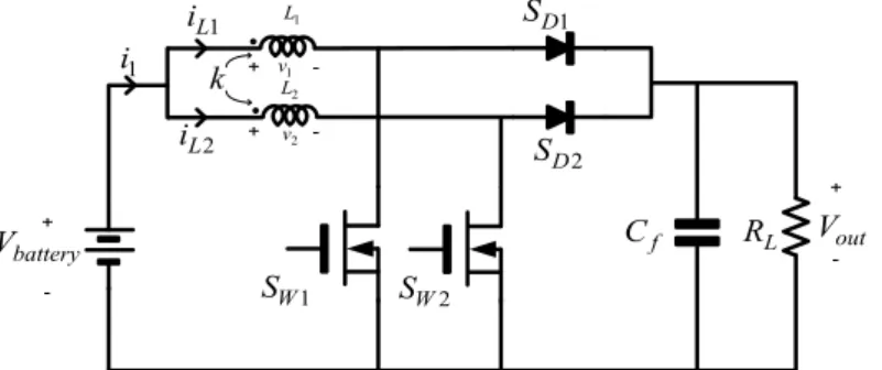 Figure 11. Converter consisting of two interleaved and inter–coupled boost converter cells [24]