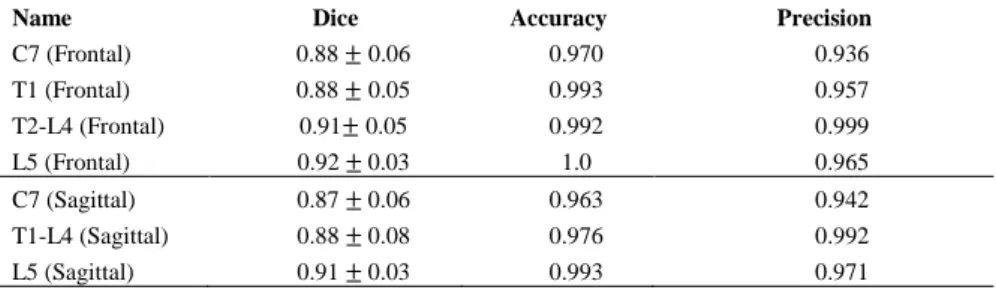 Table 1: Dice similarity coefficient: mean ± SD. Identification: accuracy and precision