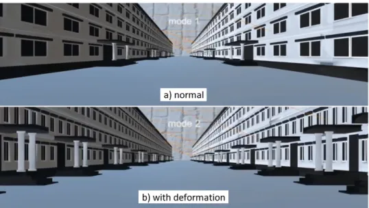 Figure 5 : Virtual observer navigation through the normal buildings (a) and buidings under geometrical deformation using a lattice-based approach.