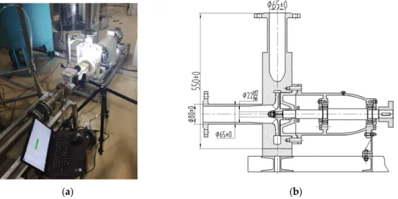 Figure 2. Views of the experimental set up and the transparent pump model. (a) Test scene and (b)  drawing of the pump assembly dimensions (mm)