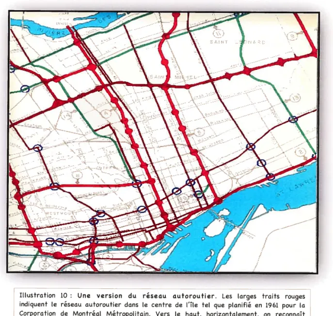 Illustration 10 Une version du réseau autoroutier. Les larges traits rouges indiquent le réseau autoroutier dans le centre de l’île tel que planifié en 1961 pour la Corporation de Montréal Métropolitain