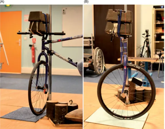 Figure 3. Photographs of the real physical experiment device with (A) 40 kg of additional mass, 0.1 m of curvature radius, wheel W1, on carpet and (B) 40 kg of add- add-itional mass, pure swivelling ( r c ¼ 0), wheel W1, on linoleum.
