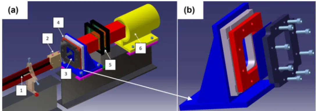 Fig. 1    Schematic view of the  ballistic impact device: (1)  gun barrel, (2) initial velocity  measurement, (3) target, (4)  target holder, (5) residual  veloc-ity measurement, (6) projectile  catcher