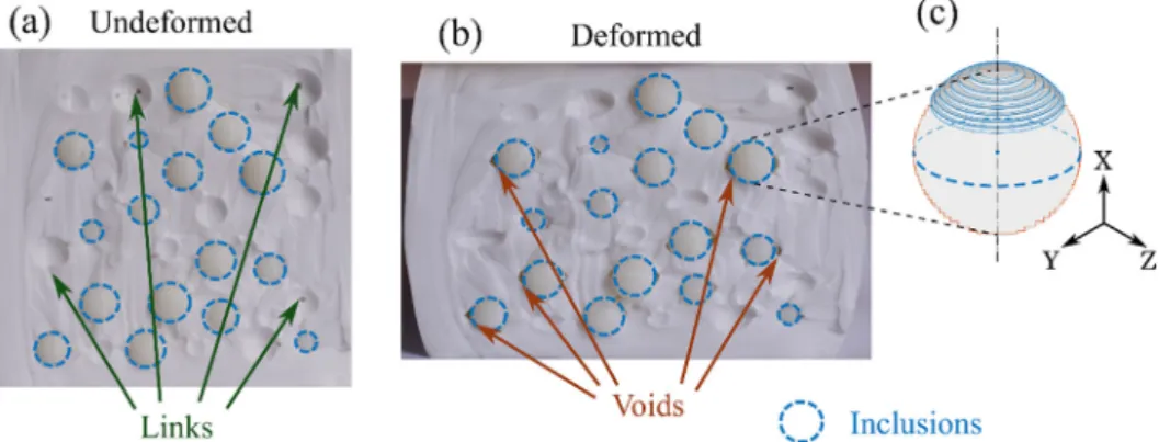 Fig. 10. Porosities in the structure of real VM specimens: (a) rigid links and (b) voids in regions of inclusions-matrix separation