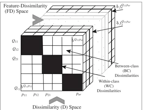 Figure 2.1 Illustration of a dissimilarity representation (DR) built on top of a feature representation (FR): black and white cells represent WC and BC dissimilarities, respectively