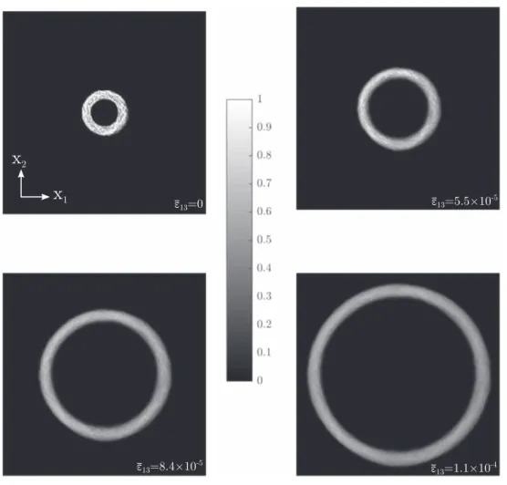 Figure 10. Evolution of the dislocation density     a a 0 max of an initially circular loop subjected to an increasing macroscopic strain.