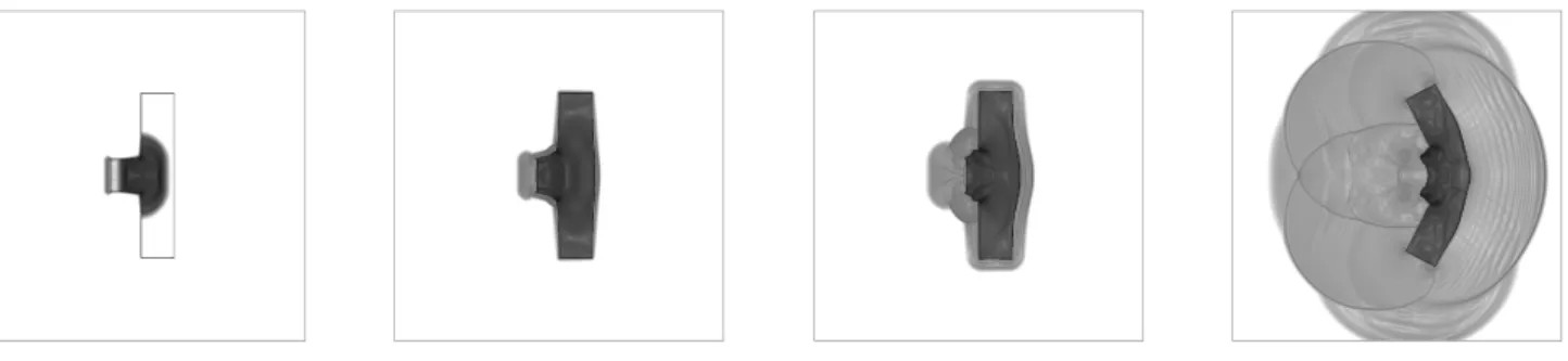 Figure 1: Impact of a 800m.s −1 projectile on a plate. Schlieren at time t = 12µs, t = 47µs, t = 118µs, t = 710µs.