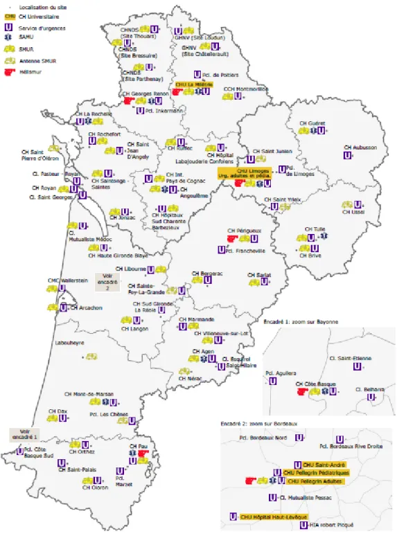 Figure 1 : Répartition des structures d’urgences de la région ALPC en 2015 selon  l’Observatoire Régional des Urgences Région Aquitaine Limousin Poitou-Charentes 
