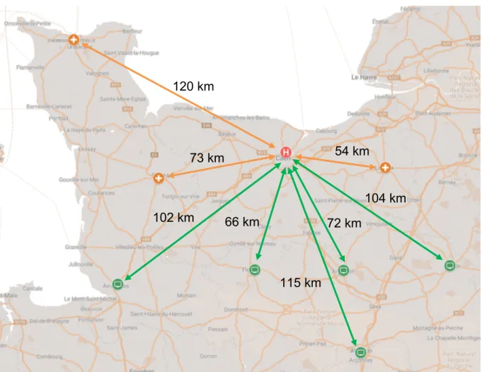Figure 1 : Répartition des UNV périphériques et des centres de télé-thrombolyse  En Basse-Normandie 