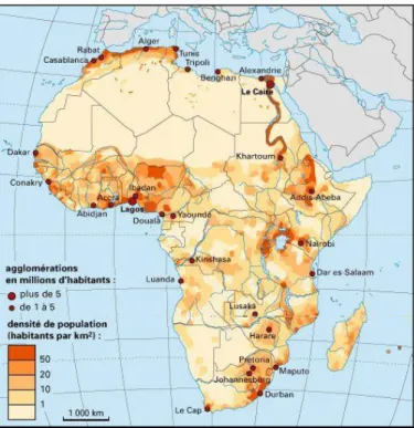 Figure 13 : Les zones à forte densité de population humaine sur le continent africain 