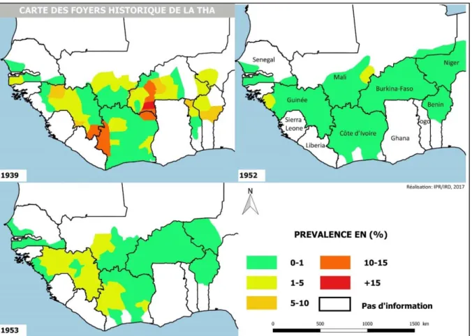 Figure 22 : Distribution des foyers de THA en Afrique Occidentale Française en 1939, 1952  et 1953 