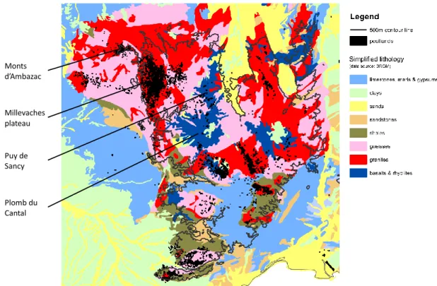 Figure 2-2. Distribution of peatlands within the Massif Central relative to bedrock lithology