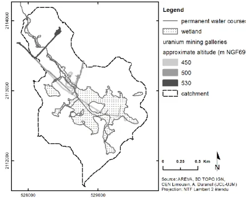 Figure 2-8. Plan projection of uranium mining galleries within the Dauges catchment. 