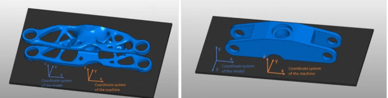 Figure 2 Test parts positioned on the building platform, reference configuration (left) and alternative configuration (right)