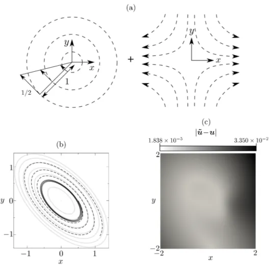FIG. 4. (a) Sketch of the background strained vortex. (b) Particle trajectories for (a, %) = (0.5, 0.7) and (a, %) = (0.3, 6) (solid and dashed line, respectively), and streamlines (gray)
