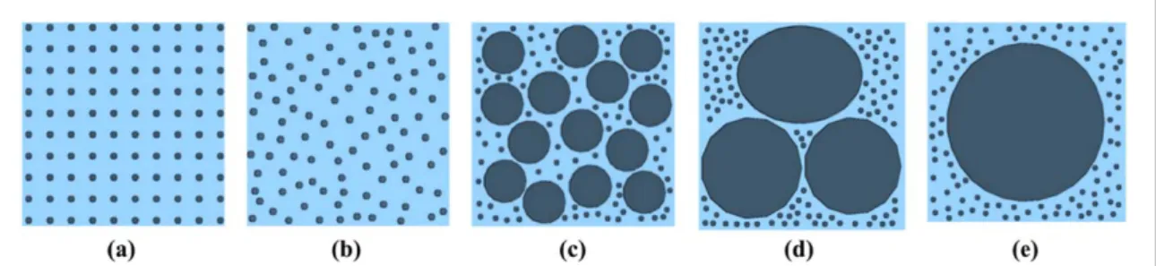 Figure 1. Computer generated models for simulating possible particle distributions. ( a ) Model 1, ( b ) Model 2, ( c ) Model 3, ( d ) Model 4 and ( e ) Model 5.