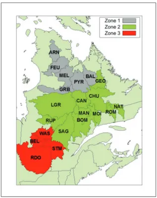 Figure 2.1 Cartes des 21 bassins versants du Québec divisés en trois régions hydrologiques