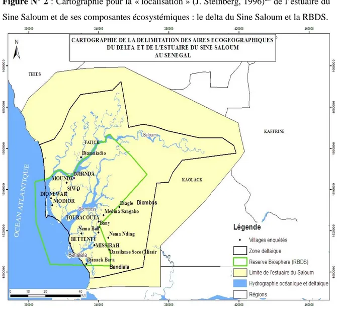 Figure N° 2 : Cartographie pour la « localisation » (J. Steinberg, 1996) 20  de l’estuaire du  Sine Saloum et de ses composantes écosystémiques : le delta du Sine Saloum et la RBDS