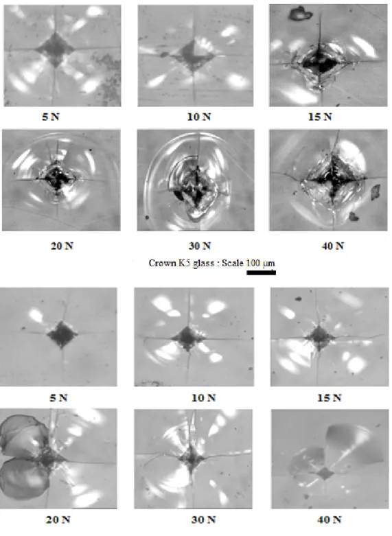 Fig. 8. Empreintes d’indentations sur les quatre verres ´ etudi´ es.