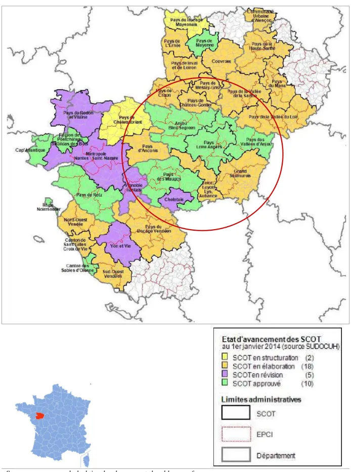 Figure 2 - Situation du territoire d’étude (Maine-et-Loire) et état d’avancement des  S.Co.T