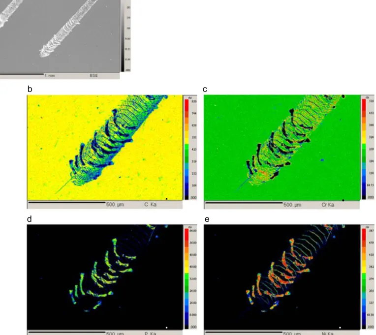 Fig. 12. (a) Electron probe micro analysis (EPMA) micrograph and X-ray mapping of the scratch track starting from the point of the critical adhesive failure load of 46.5 N, indicating the quantitative evolution of: (b) C; (c) Cr; (d) P and (e) Ni concentra