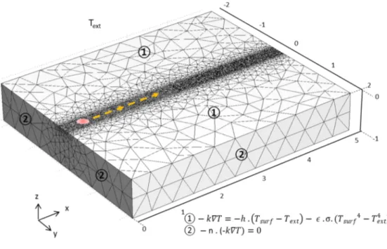Figure 4 :3D finite element model implemented for transient thermal calculations on COMSOL Multiphysics  TM