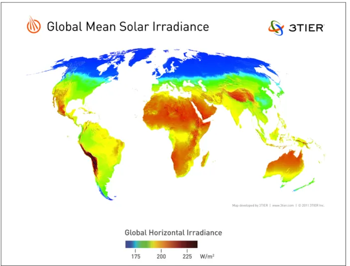 Figure 1.1 Irradiance solaire moyenne mondiale tirée de (3Tier, 2013) 