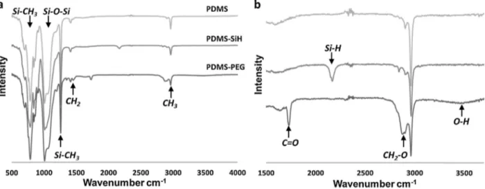 Fig. 2. ATR-FTIR spectra for control PDMS (light gray), PDMS–SiH (gray) and PDMS–PEG (dark gray) (a), with assignment of chemical functions present in the 3 samples.