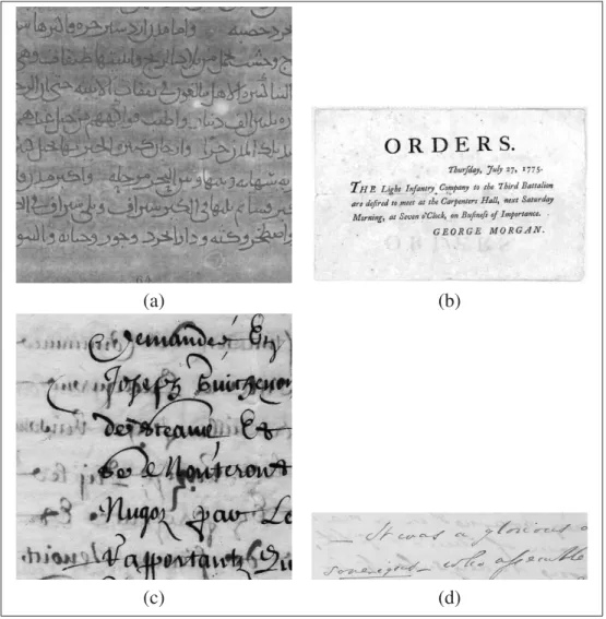 Figure 3.1 A sample set of some historical document images. (a) the original image (jum), which suffers from low-contrast degradation, (b) the original image (Gatos et al., 2009a), which suffers from a degraded background, (c) the original image (Drira, 20