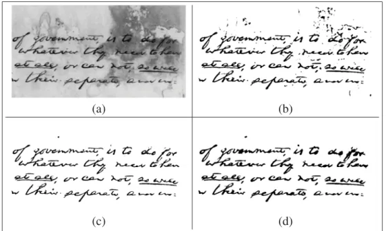 Figure 3.14 Subjective comparison with the state of the art, (a) original image, (b) Sauvola thresholding result, (c) Su and Tan (Su et al., 2010) result, (d) the proposed