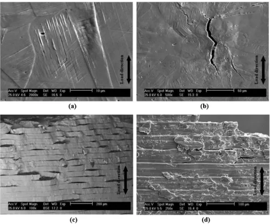 Fig. 11 Fatigue crack nucleation: (a) and (b) electropolished surface loaded at a strain amplitude value Δεt 2 ¼ 0 : 5 % and fractured at N R = 9758 cycles; (c) and (d) machined surface using Condition 1 loaded at a strain amplitude Δεt 2 ¼ 0 : 5 % , and f