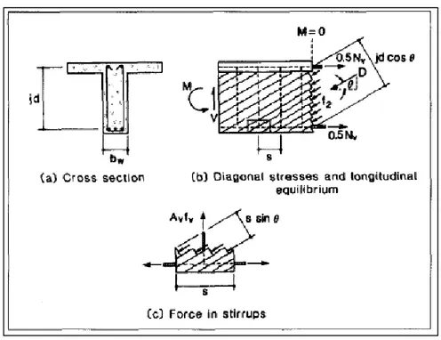 Figure 1.6 Équilibre des forces dans le modèle du treillis à angle variable  Tirée de Collins et Mitchell (1991) 
