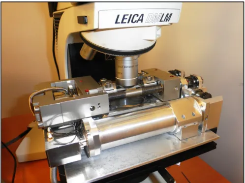 Figure 2.14 Photo du montage du banc d’essai de traction sous microscope  Prise au laboratoire de caractérisation mécanique de l’ETS 