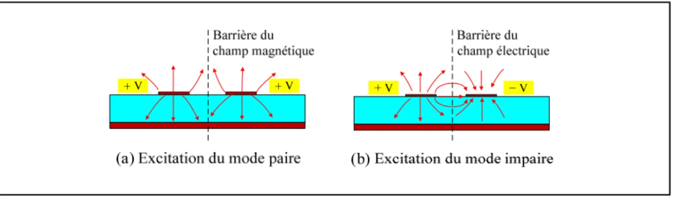 Figure 2.5 Distributions du champ électrique des deux modes  d’excitation des lignes couplées en micro-ruban 