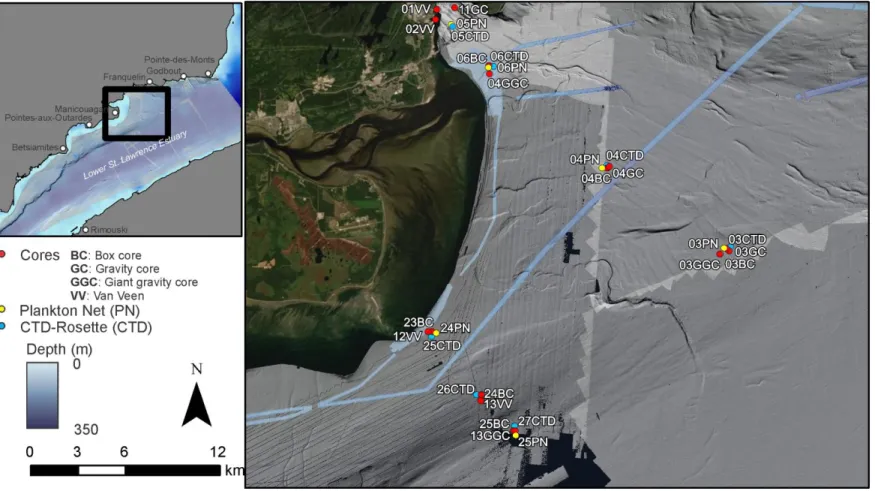 Figure B3: Location of coring, CTD-R and plankton nets in the Manicouagan area collected during COR2001 