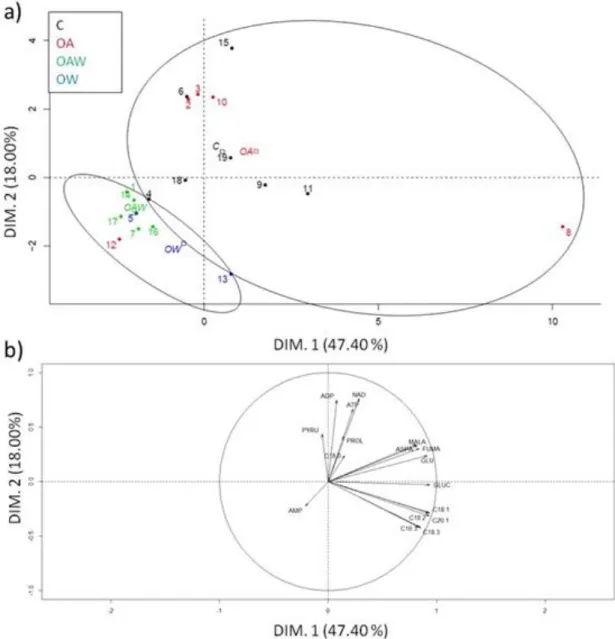 Fig. 5: a) PCA representing the variation of metabolite composition in  O. robusta after the exposure of one  920 