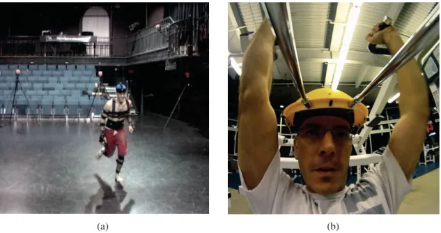 Figure 2.1 Deux types de captures ont été effectuées pour ce projet : (a) capture de mouvement du corps entier avec rythme cardiaque et (b) capture faciale avec rythme
