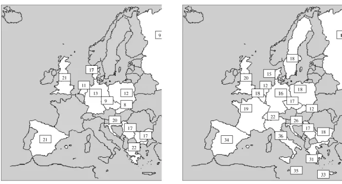 Figure 7: carte européenne de la prévalence de l’obésité chez les enfants et adolescents                  A droite : prévalence (%) du surpoids chez les enfants âgés de 7 à 11 ans (IOTF)                  A gauche : prévalence (%) du surpoids chez les adole