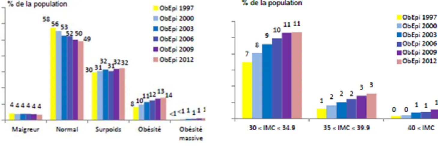 Figure 9 : à gauche : répartition de la population en fonction de son niveau d'IMC depuis 1997                    à droite : évolution des différentes classes d'obésité depuis 1997 