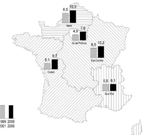 Figure 13 : répartition des IMC30 kg/m 2 , entre 1999 et 2009, au sein des régions françaises.