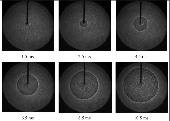 Figure 2-12: Évolution temporelle du front de flamme pour du E100 (φ=1.3, P=0.5 MPa,  T=423 K) 