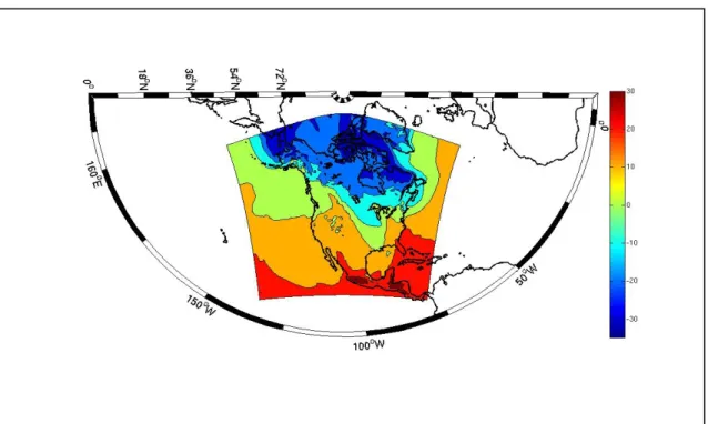 Figure 6.11  Interpolation de la température [ o C] sur une grille polaire   stéréographique dans une projection conique conforme de Lambert le 18 janvier  