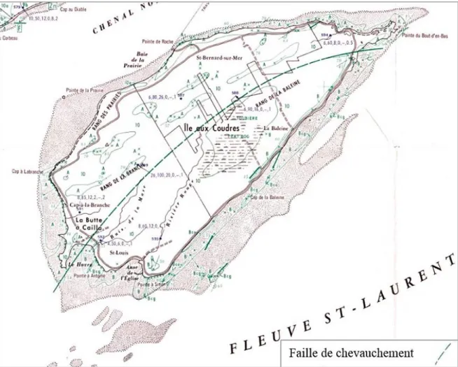 Figure 8. Faille de chevauchement (trait vert), île aux Coudres. Modifié de Rondot, 1969