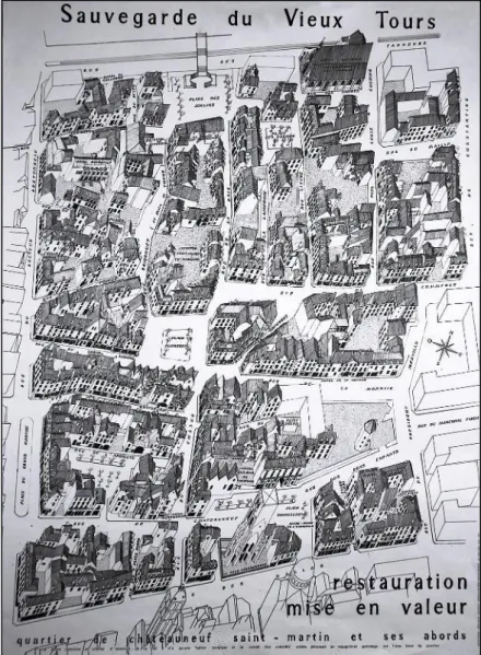 Figure 4 : Photographie d’un plan cavalier du vieux Tours, servant de base pour une affiche visant à faire connaître l’œuvre  de sauvegarde engagée  24